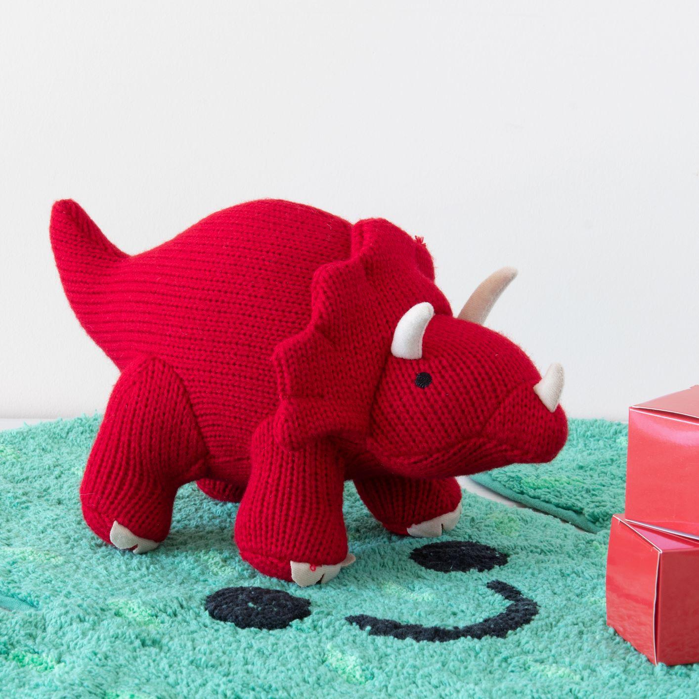 red knitted triceratops rattle baby dinosaur toy